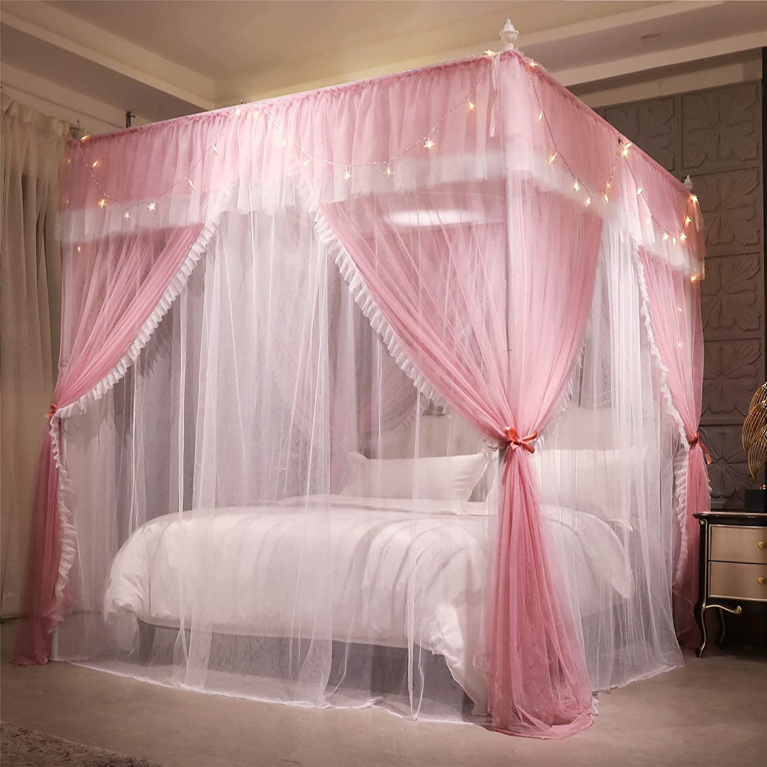 4 Corners Post Ruffle Princess Bed Canopy Curtain-Double Layer Cozy Drape Netting 4 Opening Mosquito Net for Girls Adults Bedroom Decoration (Pink/Whtie,78" W*86" L*82"*H/King)