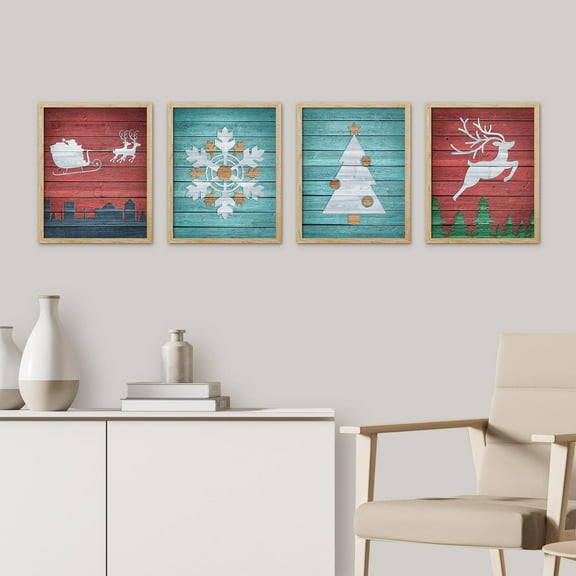 PixonSign Framed Wall Art Christmas Celebrations & Holidays Posters, Set of 4 White Tree, Snowflakes, Deer Illustrations Wall Decor, Adhesive Canvas Prints for Home Decor - 11"x14" Natural