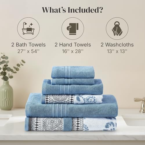 6 Piece Set, 2 Bath Towels, 2 Hand Towels, 2 Washcloths Yarn Dyed Jacquard/Solid Towel Set Ophelia Blue
