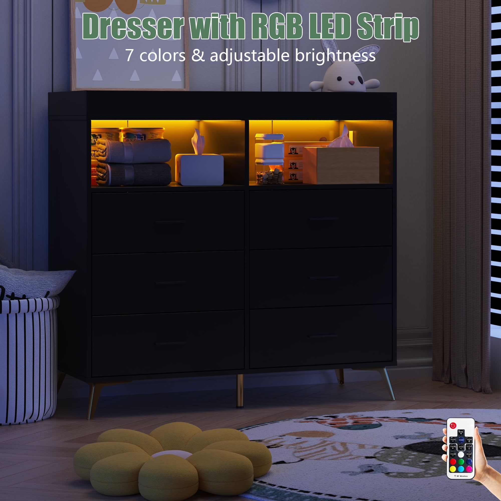 Towallmark 6 Drawer Dresser Changing Table Dresser with Changing Pad, LED Lights & Charging Station for Nursery Bedroom