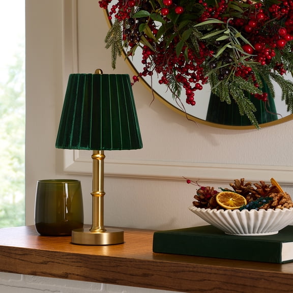 Better Homes & Gardens 13 in Green Velvet Pleated Shade Portable Table Lamp