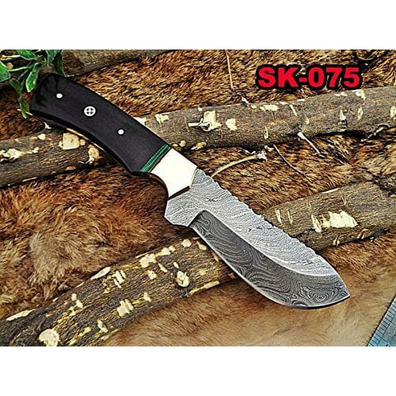 9" Long hand forged Damascus steel full tang Skinning Knife, Natural Bull horn with Brass Bolster scale, Cow hide Leather sheath