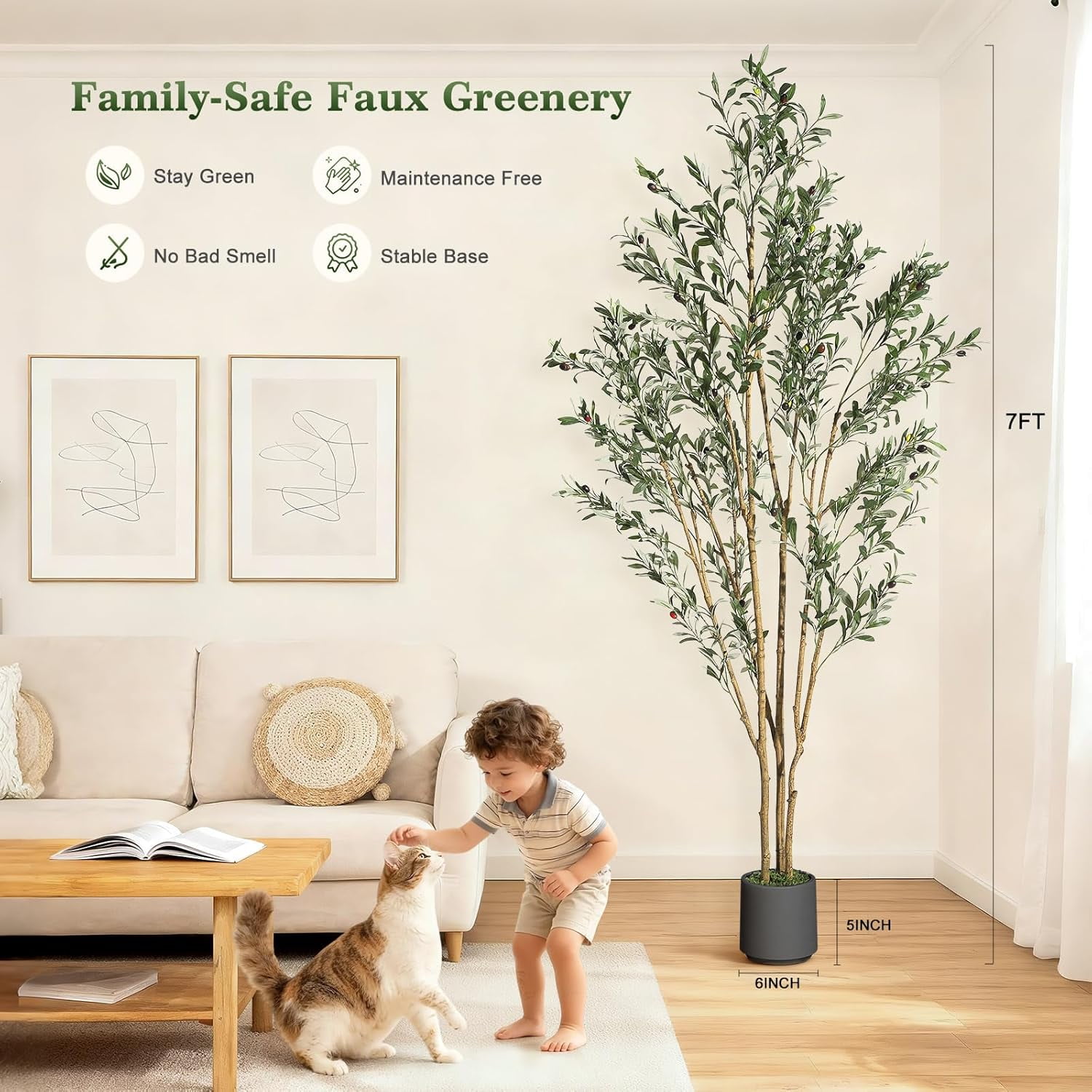 7FT Olive Trees Artificial Indoor, Faux Silk Plant with Natural Wood Trunk and Lifelike Fruits, Black Imitation Ceramic Planter with Green Fake Moss for Modern Home Office Living Room Decor