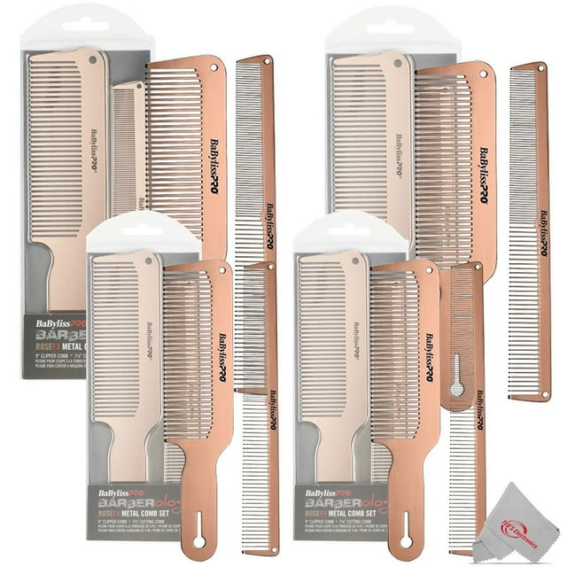 Four Packs BaByliss Pro Barberology RoseFX Metal Comb Set 9" Clipper Comb and 7.5" Cutting Comb Rose Gold