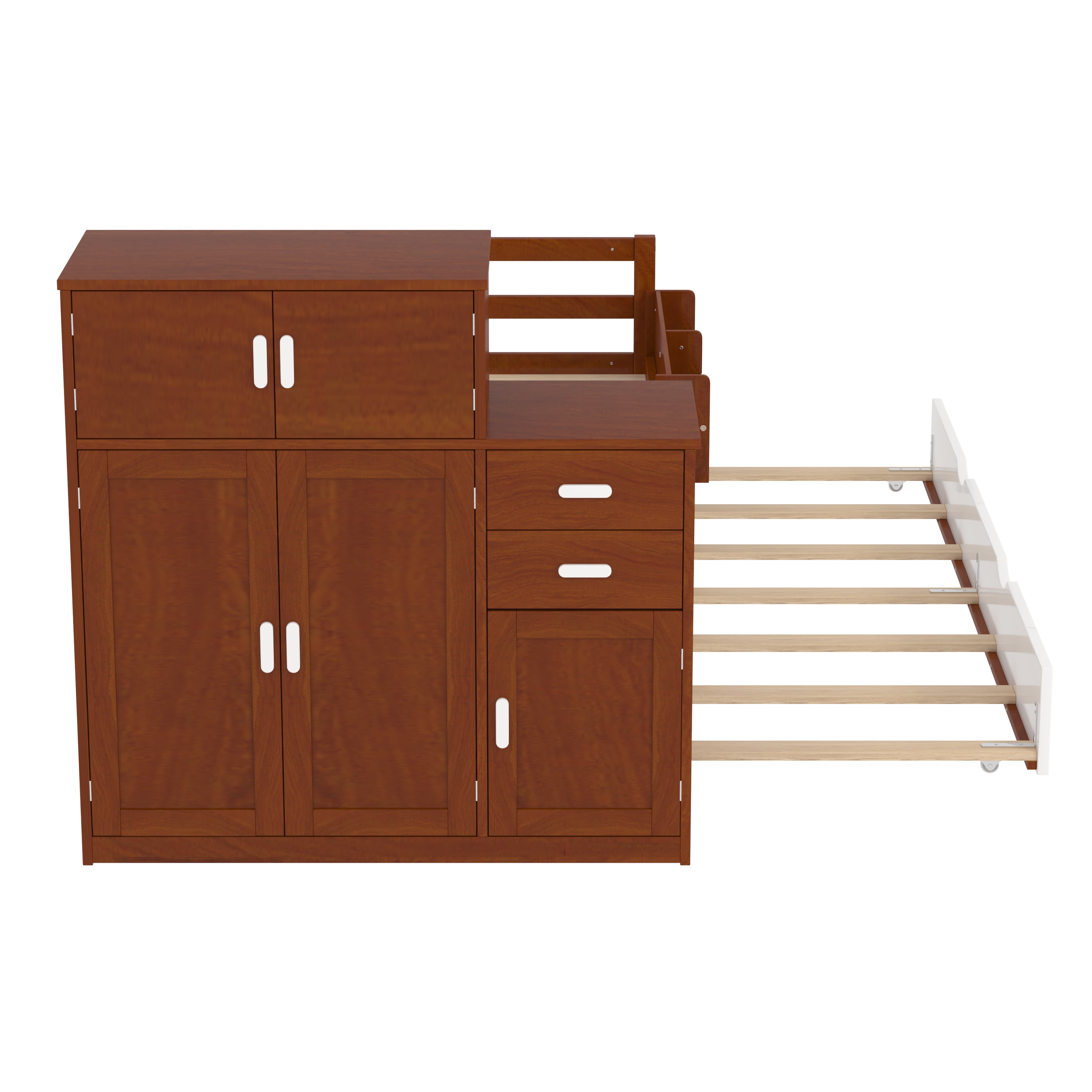 Euroco Wood Twin Size Daybed with Trundle, Storage Bed with Bookcase and Wardrobe, Walnut
