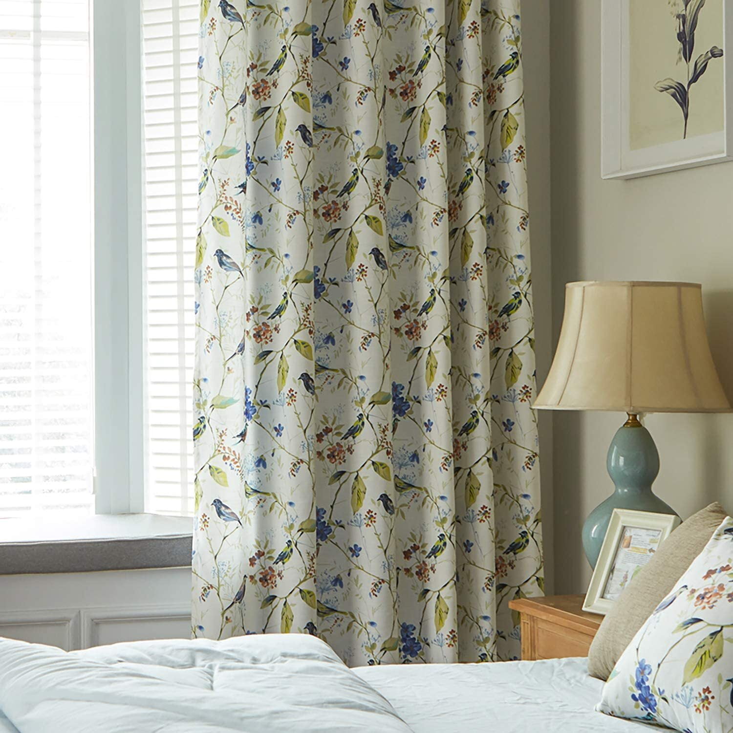 VOGOL Linen Grommet Blackout Curtains, Birds and Flower Print Window Panels for Bedroom Living Room, One Panel, W52xL63, Blue