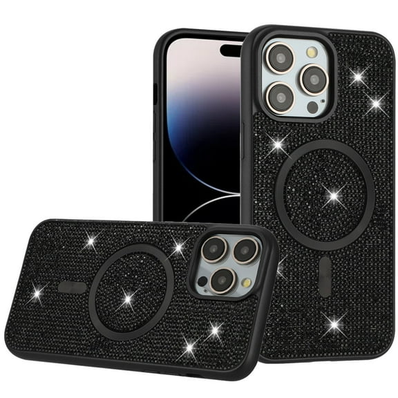 For Apple iPhone 12 Pro Max Diamond Sparkly Bling Design Rhinestone Hybrid Skin with Magnetic Circle MagSafe Compatible Cover ,Xpm Phone Case [ Black ]