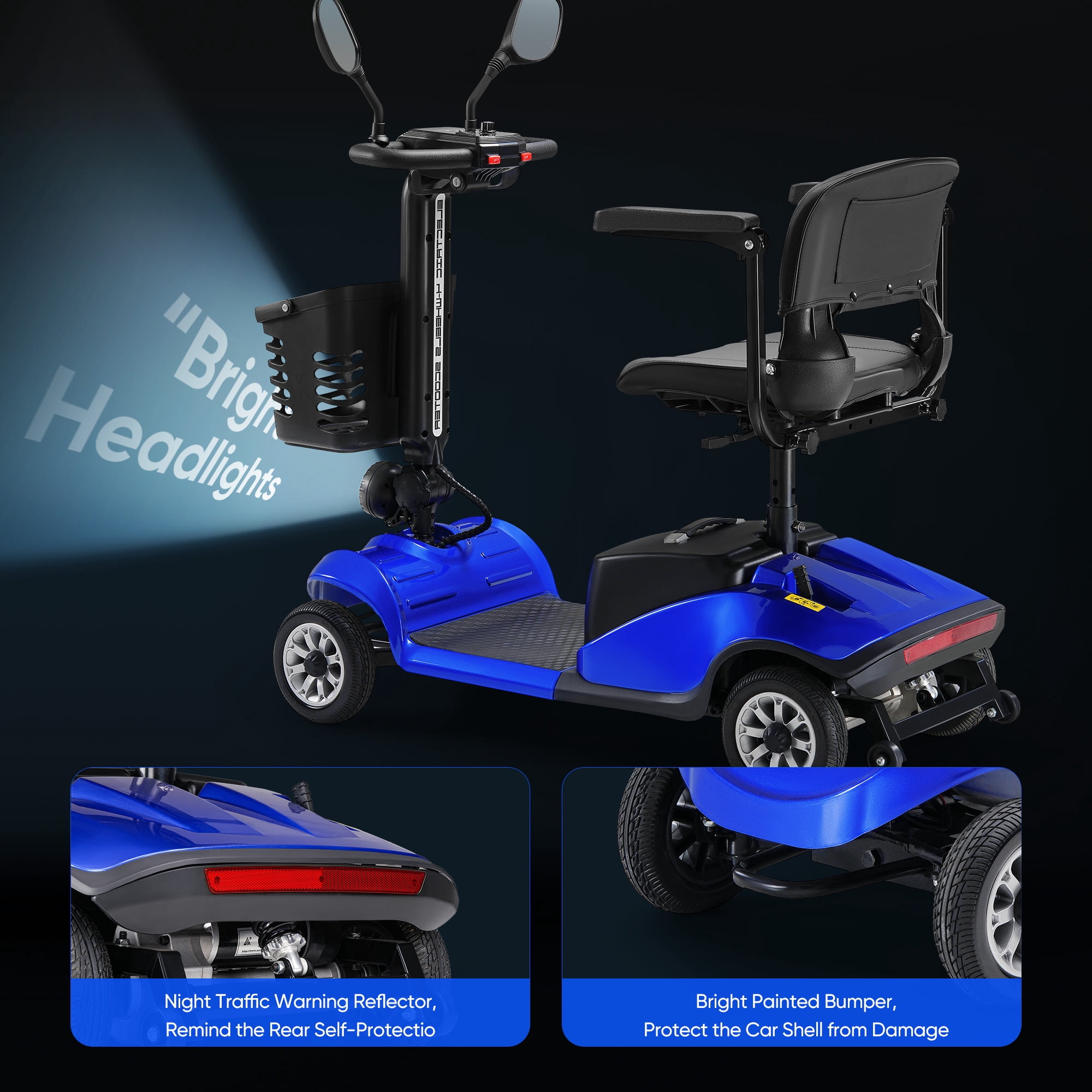 Morrean 4 Wheels Folding Travel Mobility Scooter for Senior, Electirc Wheelchair with Basket for Adults, Blue