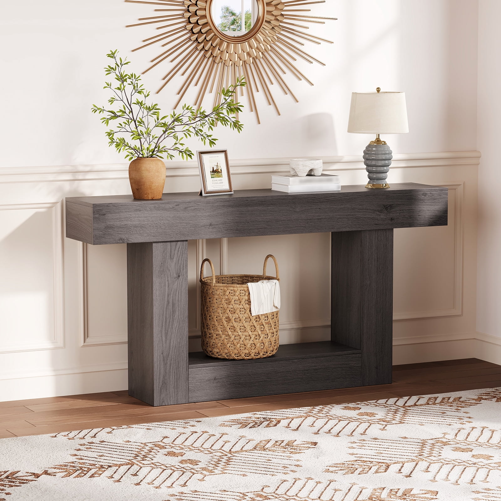 63 Inch Long Console Table with Charging Station, 2-Tier Narrow Entryway Table with USB c Ports & AC Outlets, Farmhouse Sofa Table Behind Couch for Living Room, Hallway, Gray