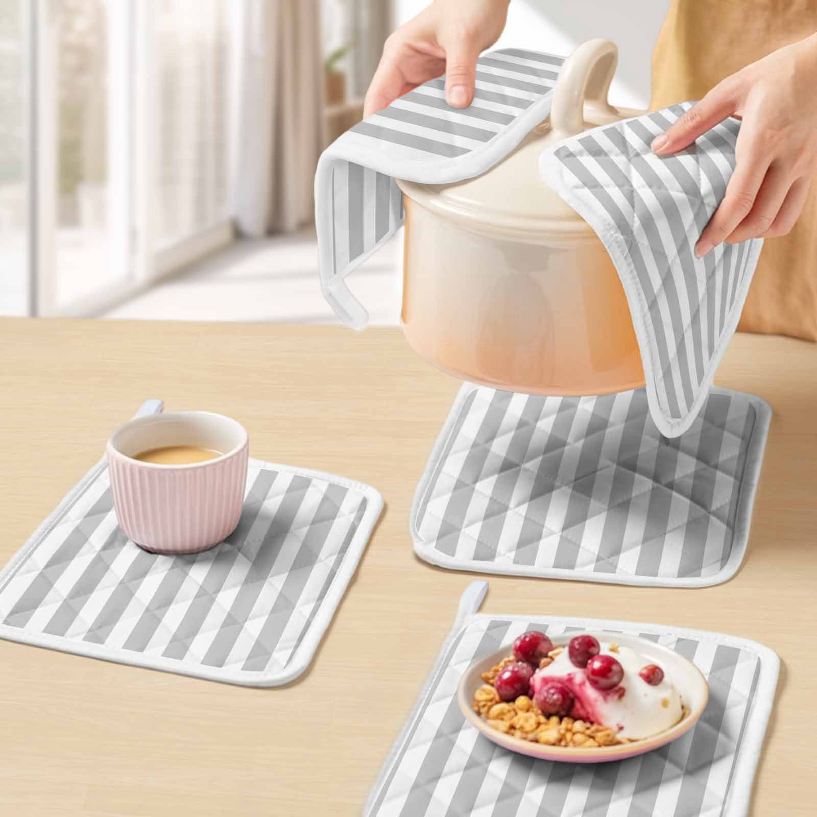 Grey Striped Pot Holders for Kitchen Heatproof Potholder, 2 Pack Modern Farmhouse Gray White Stripes Hot Pads Multipurpose Oven Pads Cloth Potholders Trivet for Cooking and Baking