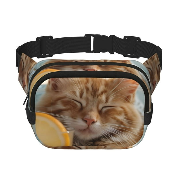 Fotbe Relaxing Cat With Orange Juice Cangurera Cuadrada con Estampado de Doble Capa, Bolsa de Cintura Ajustable Mini para Hombres y Mujeres