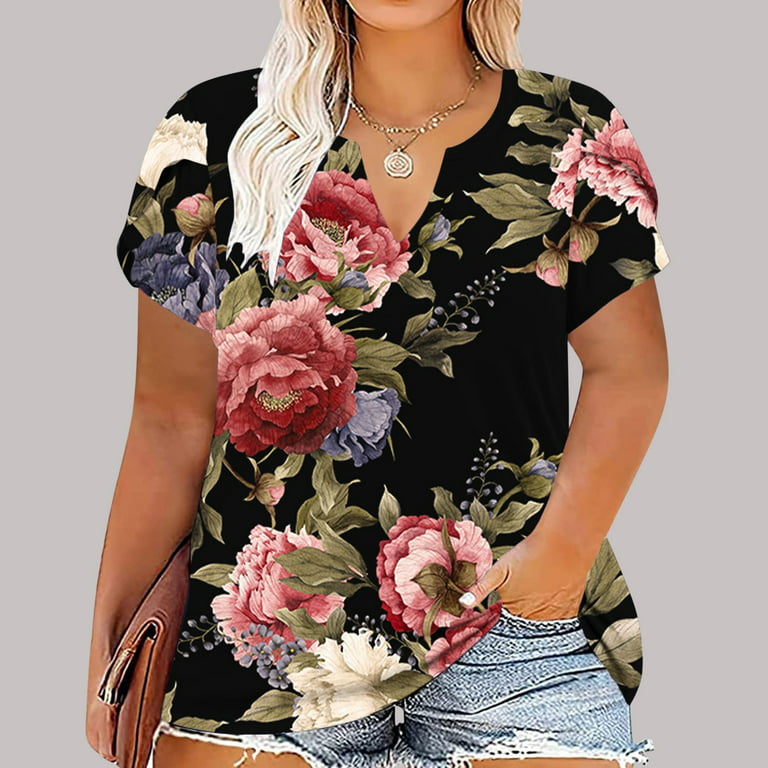 RQYYD Striped Floral Plus Size Tops for Women Summer V Neck Petal Short  Sleeve T Shirts Casual Loose Fit Swing Flowy Tunic Blouses(1#Black,3XL)