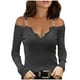 thumbnail image 1 of Mujeres sólido cuello pico manga larga encaje sin tirantes camiseta Polluver blusa Tops Fridja hj4491, 1 of 9