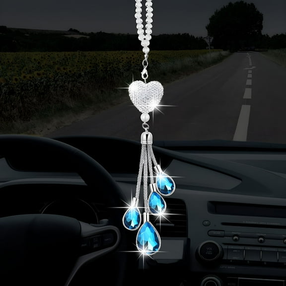 LAMIRO Heart Car Charms Car Accessories for Women Valentine's Day Gifts Rear View Mirror Hanging Charms Decoration Lucky Interior Ornament Pendant (9.8 Inch, Blue)