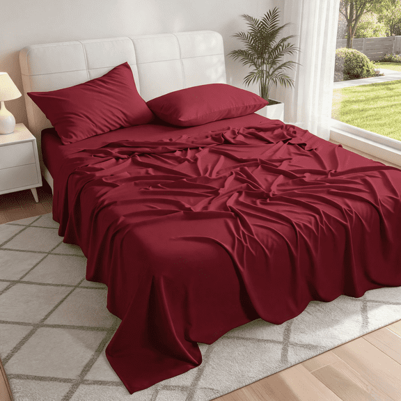 Bamboo Rayon Sheet Set – 15" Deep Pocket Fitted Sheet, Flat Sheet & Pillowcase, Cooling Soft, Wine Red,Twin