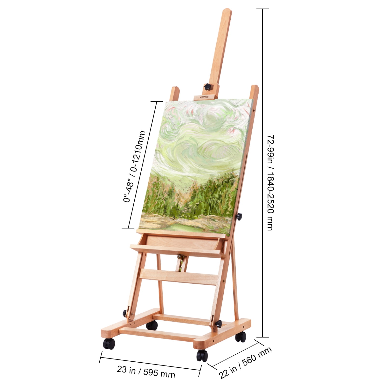 VEVOR Studio H-Frame Easel, Holds Canvas Art up to 48", Beechwood Artists Easel for Painting with Wheels and Large Storage Tray, 33 lbs Load Capacity Studio Easel, Adjustable Art Painting Easel