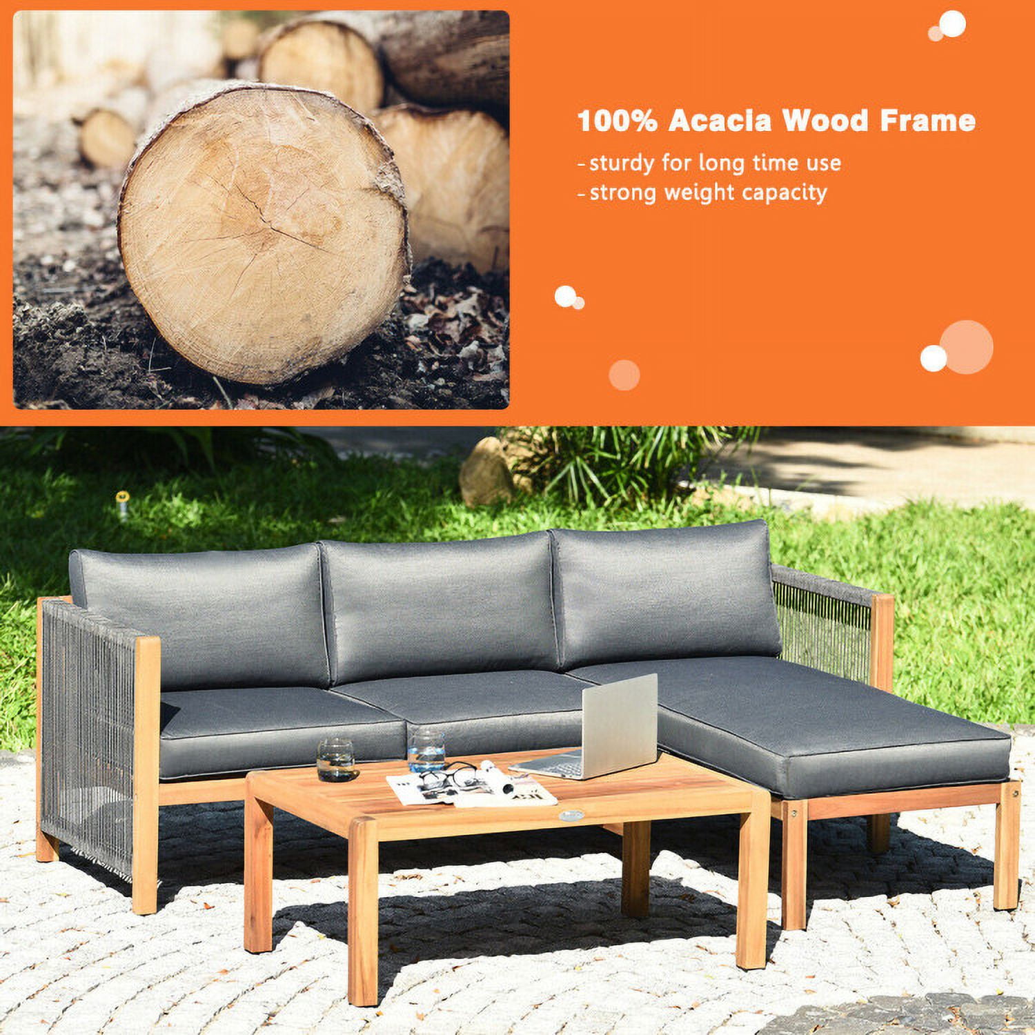 Aimee Lii 3 Piece Patio Acacia Sofa Set with Nylon Armrest, Outdoor Deck Furniture, Gray Aimee Lii 3 Piece Patio Acacia Sofa Set with Nylon Armrest, Outdoor Deck Furniture, Gray
