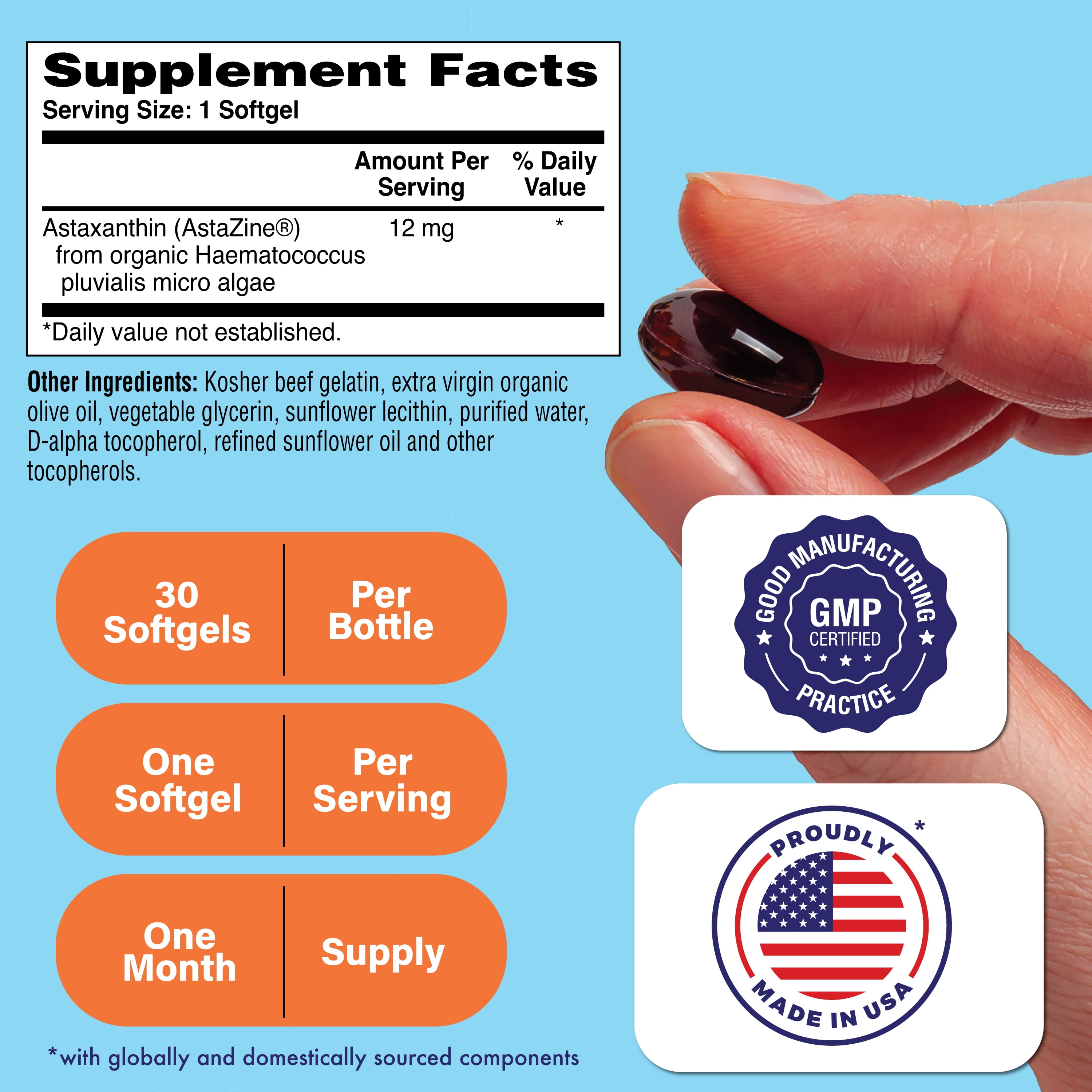 Astaxanthin 12mg (Non-GMO) 30 Softgels - Organically Grown as AstaZine® by Health Thru Nutrition