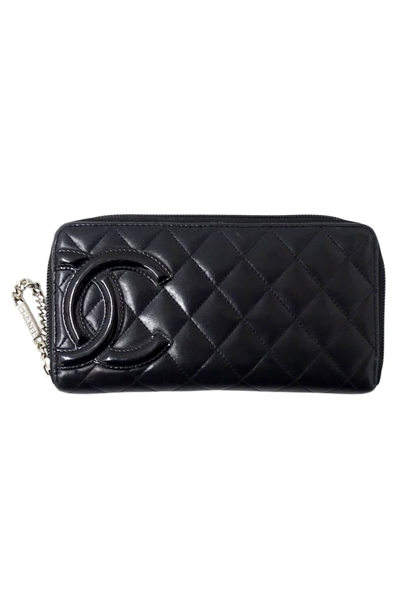 Pre-Owned CHANEL Cambon Women's Long Wallet in Black Lambskin with Silver Hardware and...