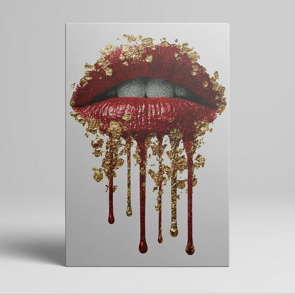 1pc Stylish Red Lips with Gold Foil Drips Canvas Wall Art, framed Decor room hanging Wall Picture Decor for Home Gifts, living room, bathroom, bedroom, kitchen wall art decor canvas wall art