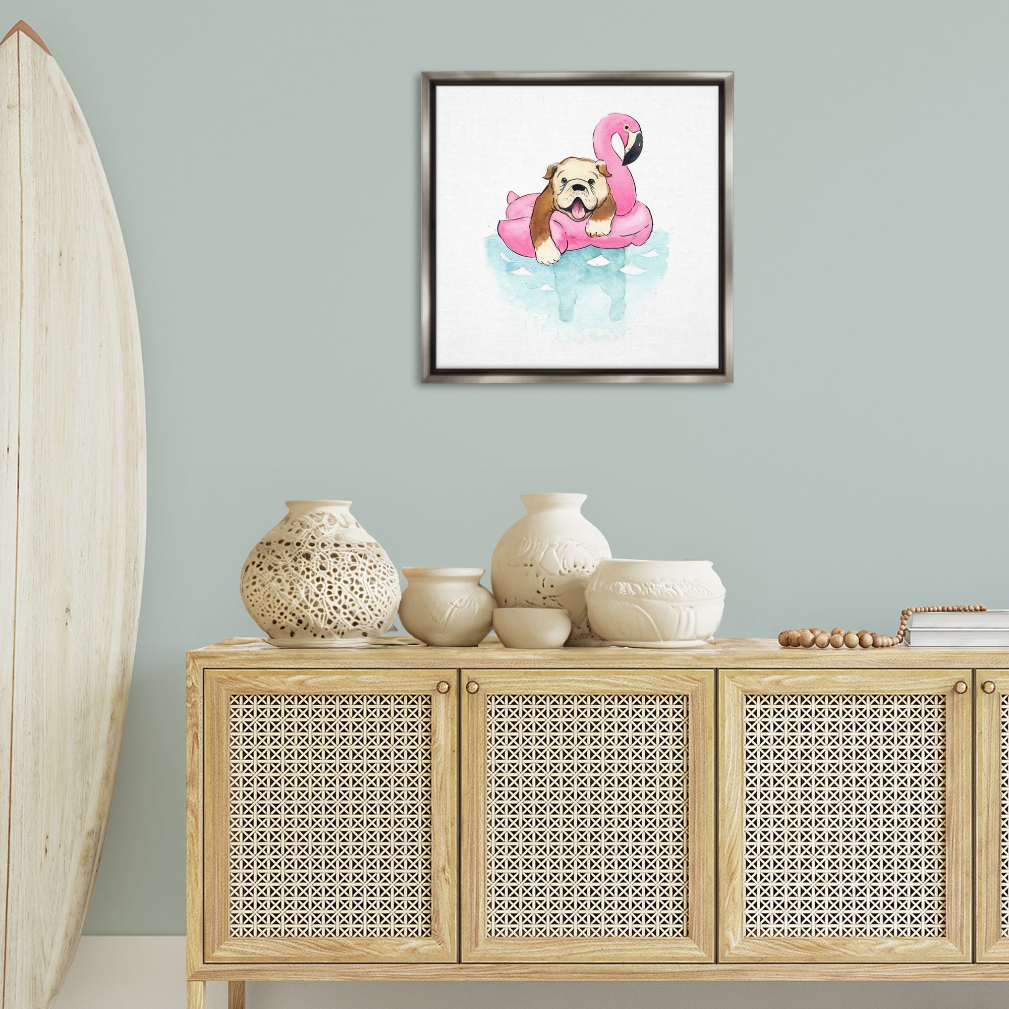 Stupell Industries Bulldog in Pool Float Animals Painting Gray Floater Framed Canvas Art Print Wall Art, 25 x 25