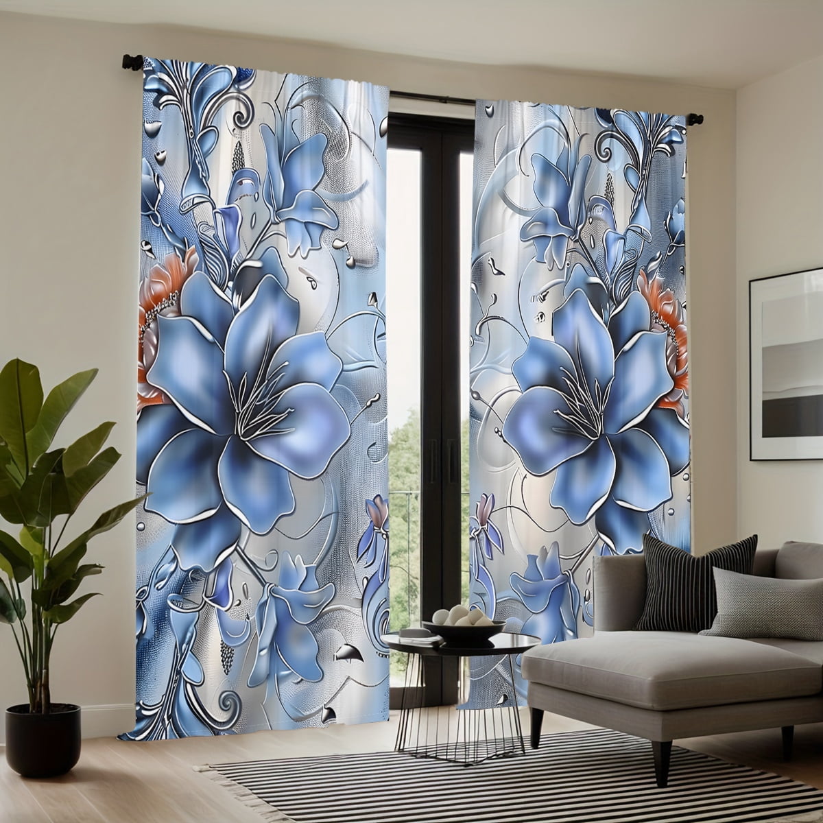 WNOOHIY Silver-Blue Lily Floral Pattern Light-filtering Curtains for Young People Bedroom Living Room,Set of 2 Panels
