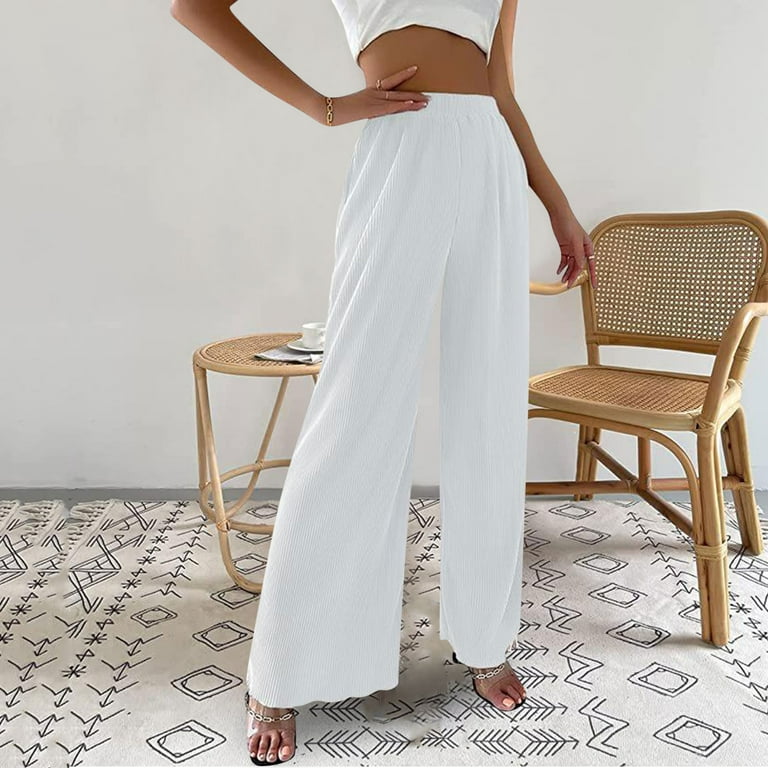 Fsqjgq Women's High Waist Dress Pants Gauze Pants Women Casual High Waisted  Wide Leg Pants Button up Straight Leg Trousers White M