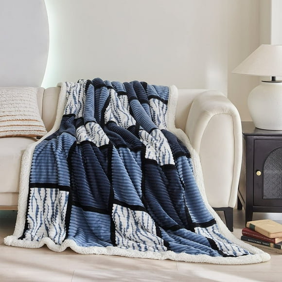 Gracelife Sherpa Throw Blanket 60”x80”, Plaid Warm Cozy Throw Blankets for Sofa, Couch, Bed, Reversible Throws Fluffy Plush Flannel Fleece Blankets and Throws for Adults Women Men, Black-White