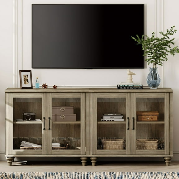 Mid-Century Morden Style 75 inch TV Stand, Console Table with 4 Glass Doors for Living Room or Bedroom, Wash Gray