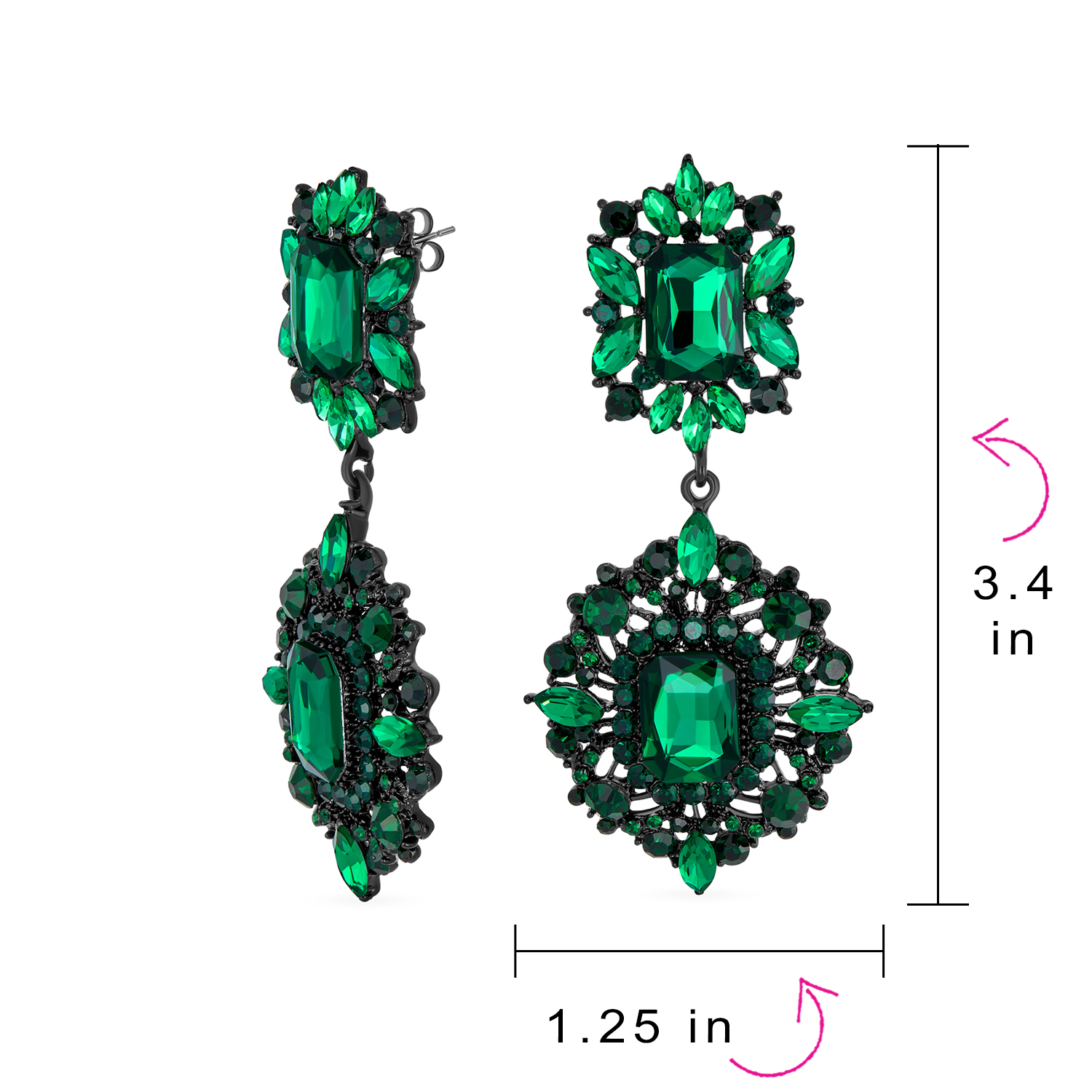 Crystal Wedding Art Deco Vintage Style Gatsby Simulated Green Emerald  Chandelier Dangle Earrings for Women Wedding Prom Black Plated Metal