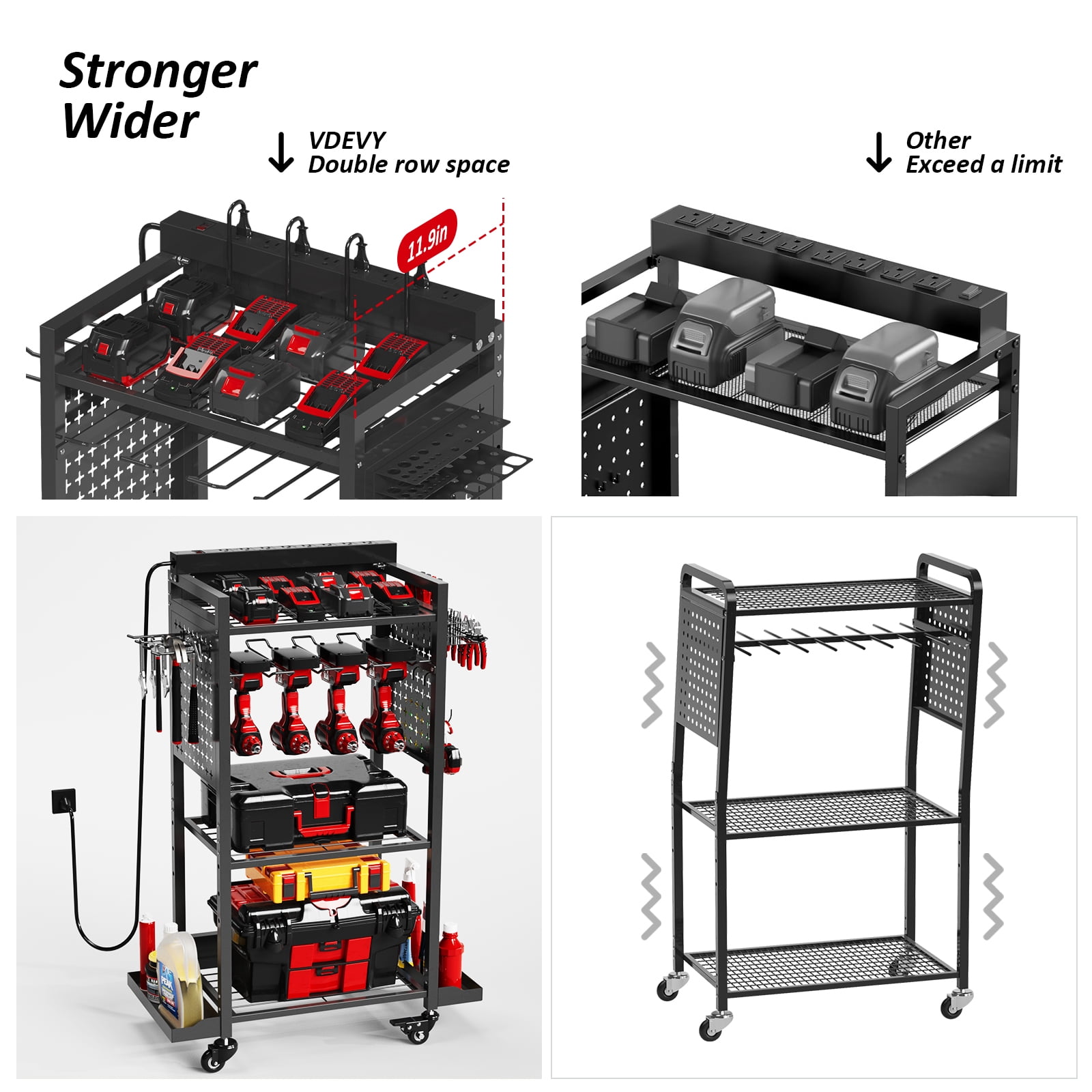 VDEVY Power Tool Organizer Cart with 8 Power Outlet & Adjustable Storage, Garage Workshop Tool Box Cart, Gifts for Men