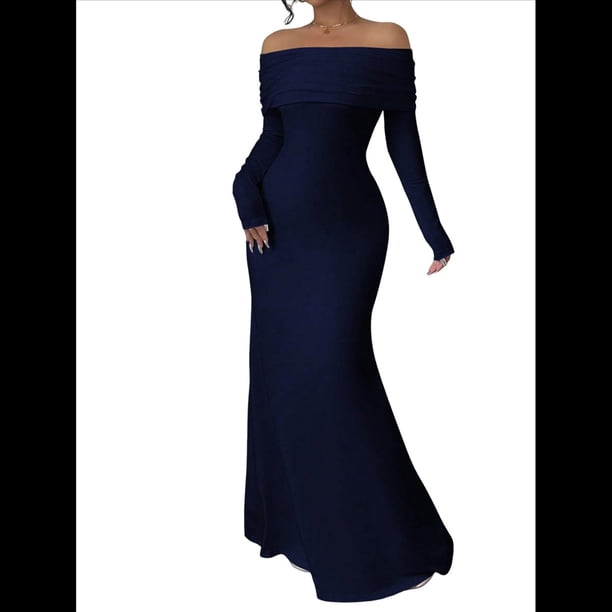 Vestido Ajustado de Larga con Hombros Descubiertos para Mujer, Elegante Vestido para Cóctel o Fiesta Azul Marino XL