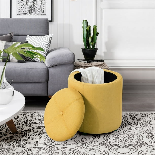 Furniturer Tufted Round Storage Ottoman, Yellow Leather Ottoman