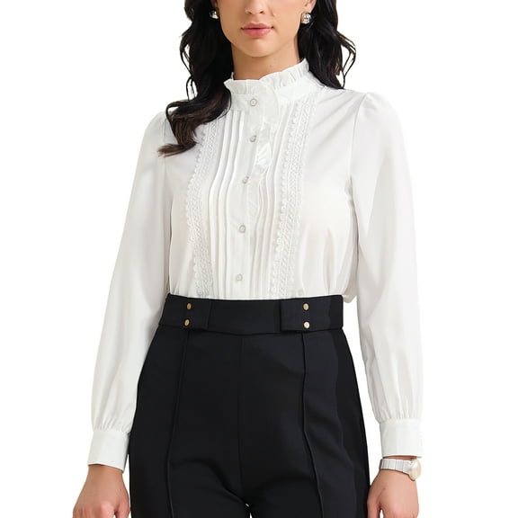 INSPIRE CHIC Women's Ruffled Button Down Shirts Trendy Casual Long Sleeve Blouse Elegant Work Office Tops S White