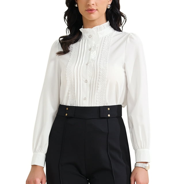 CAMISAS DE BOTONES CON VOLANTES PARA MUJER INSPIRADORAS CHIC, BLUSAS LARGAS DE MANGA CASUAL, TOPS ELEGANTES PARA TRABAJO EN OFICINA L BLANCO