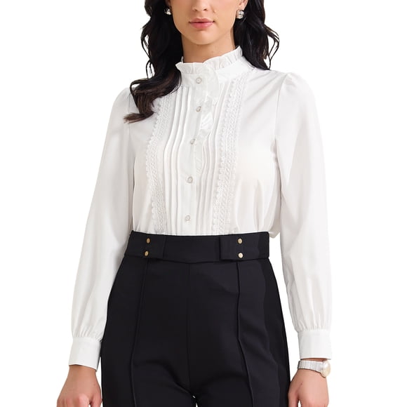 CAMISAS DE BOTONES CON VOLANTES PARA MUJER INSPIRADORAS CHIC, BLUSAS LARGAS DE MANGA CASUAL, TOPS ELEGANTES PARA TRABAJO EN OFICINA, 2XL, BLANCO