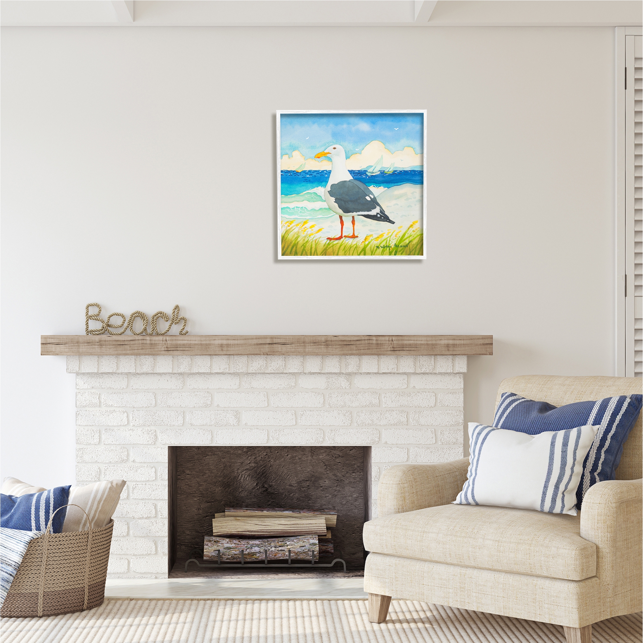 Stupell Industries Seagull on Beach Painting Animals & Insects Painting White Framed Art Print Wall Art, 24 x 24