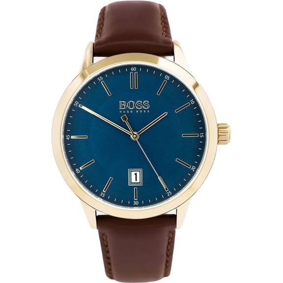 HUGO BOSS 1513685 OFFICER BLUE DATE INDICATOR DIAL BROWN LEATHER BAND 41mm MENS WATCH