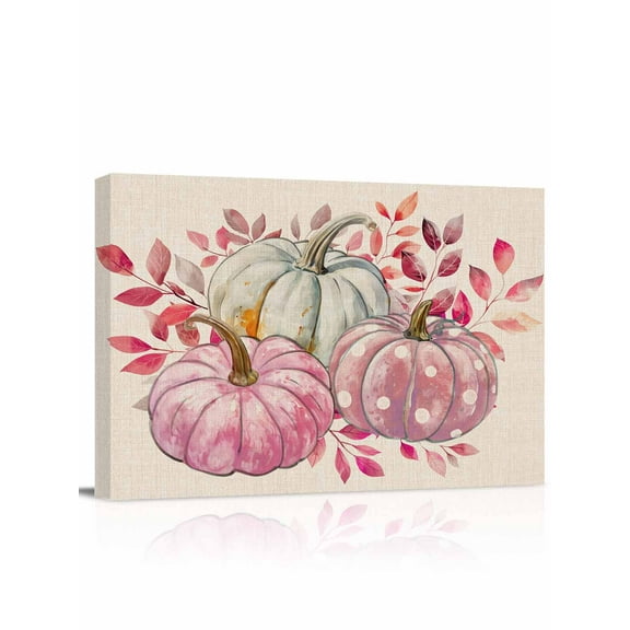 Fall Thanksgiving Canvas Print Wall Art Framed Canvas Art Wall Decor Rural Watercolor Pink White Pumpkin Leaves Pictures Painting Morden Artwork for Living Room Bedroom, Ready to Hang - 12"x16"