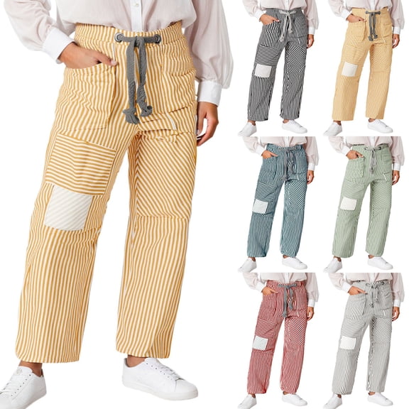 KHONTS Baggy Barrel Jeans for Women Y2k Striped Drawstring High Waist Straight Wide Leg Boyfriend Jeans Mom Denim Pants Yellow S