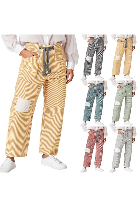 Baggy Barrel Jeans for Women Y2k Striped Drawstring High Waist Straight Wide Leg Boyfriend Jeans Mom Denim Pants Yellow S