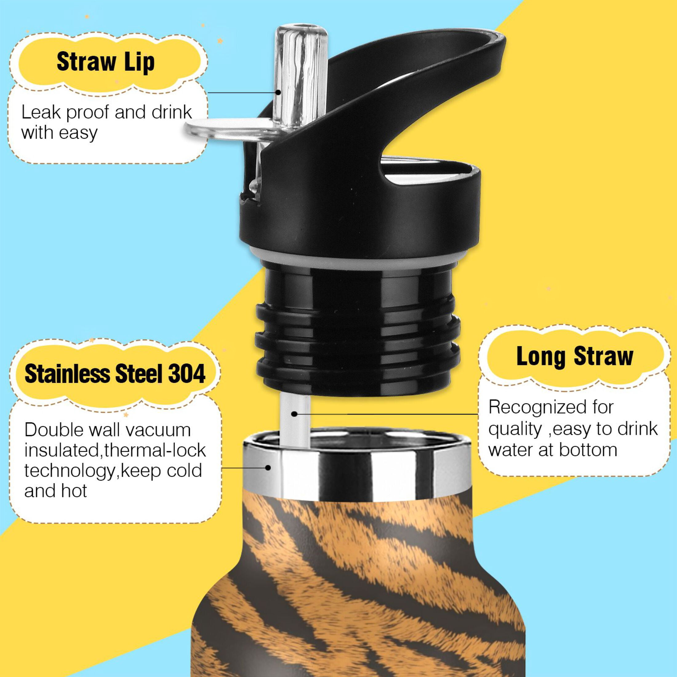 Kids Insulated Stainless Steel Sports Water Bottle 600ml Tiger Stripes Pattern