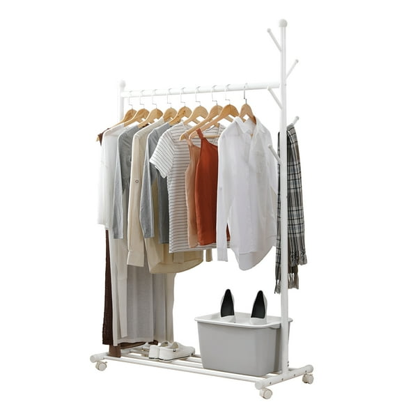 TFixol HOME ORGANIZER Multifunctional Clothing Rack Steel Rod Hanging Clothes Rolling Garment Rack Organizer Indoor Hanger with Bottom Shelves Integrated Coat Stand on Wheels for Bedroom Dressing Room