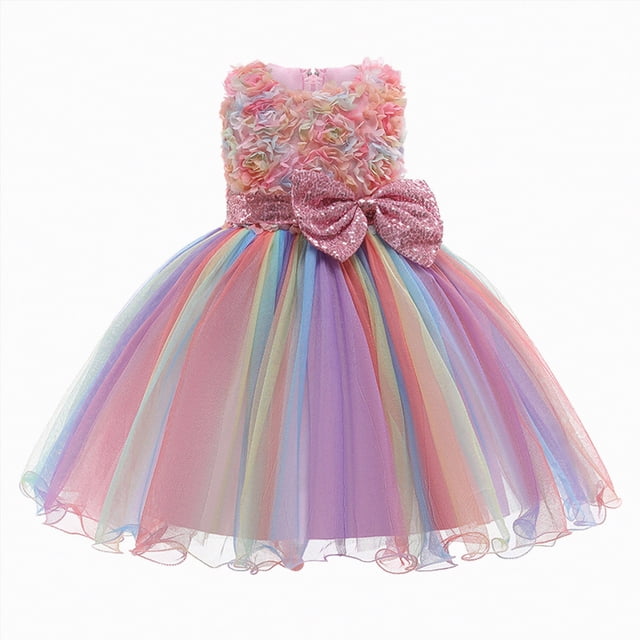 NIEWTR Girls Tulle Ruffled Bow Dress Summer Wedding Birthday Formal Princess Party Outfits(Pink,3-4 Years)