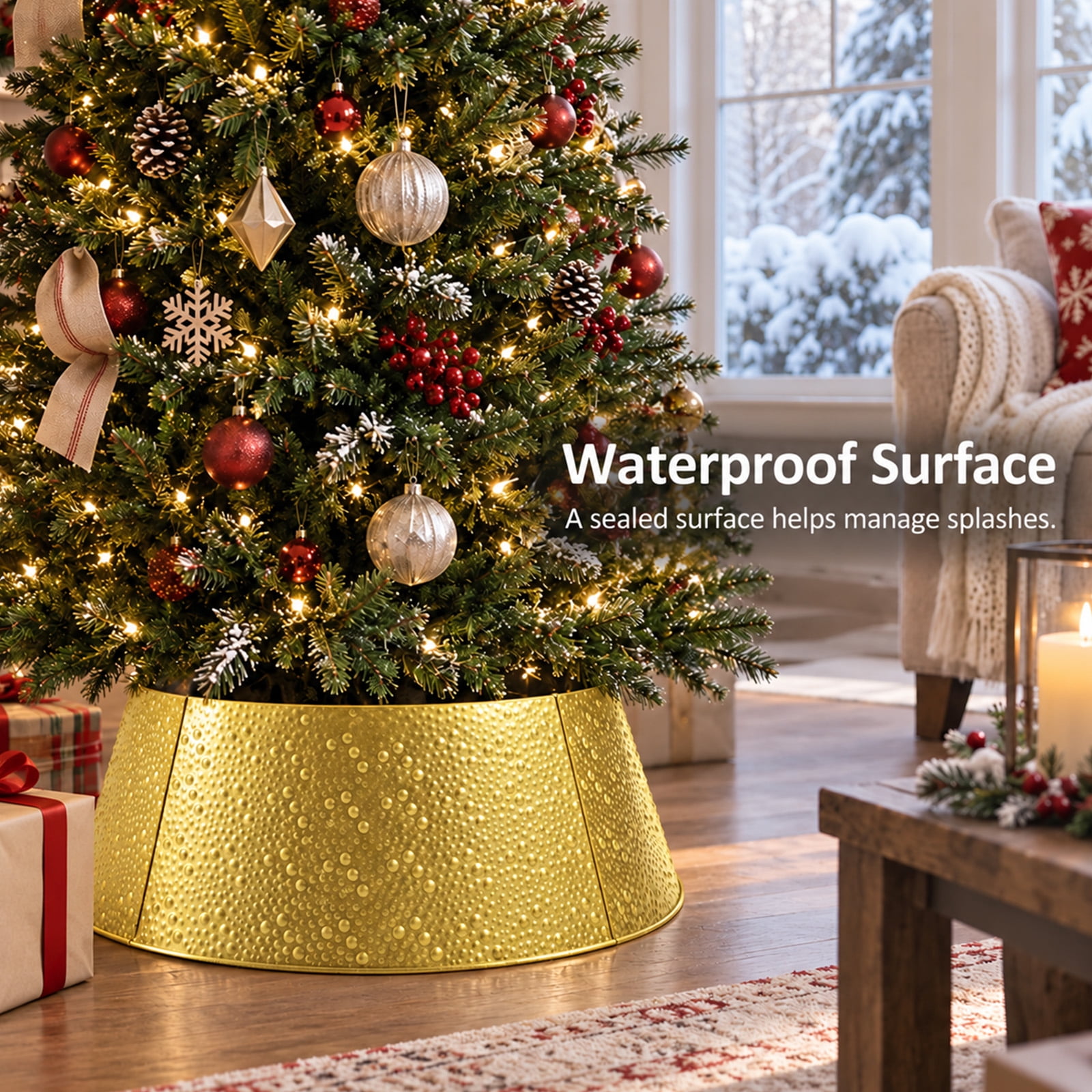 Alvantor Metal Christmas Tree Collar, Waterproof Cover, Gold, 26.57 x 22.05 x 9.45 In