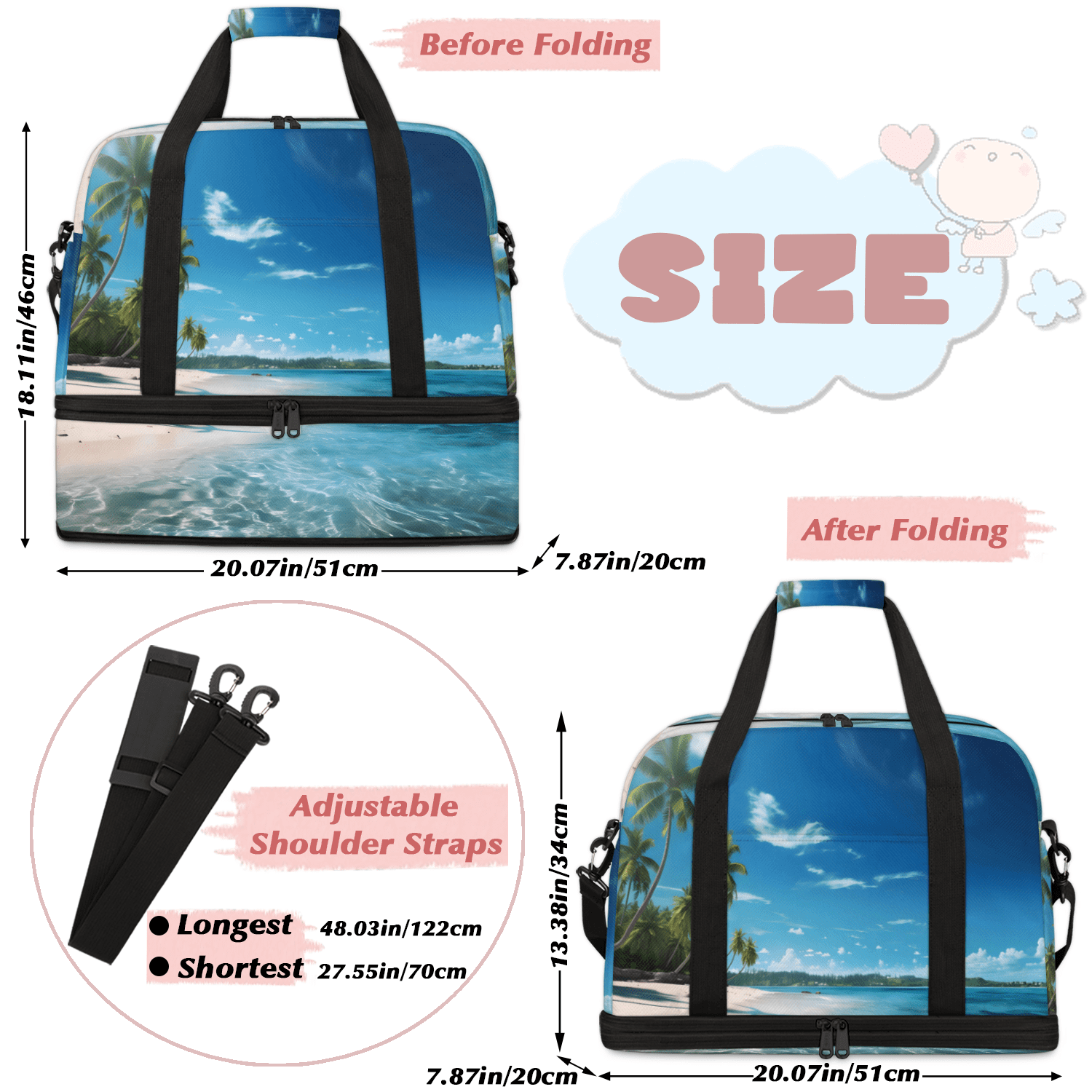 Herdesigns Beach Ocean Landscape Foldable Travel Duffel Bag with Shoe Compartment, Weekend Overnight Carry On Bags for Men Women, Large Sports Gym Luggage