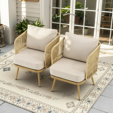 Wicker Chairs Outdoor Set of 2, Outdoor Patio Chair, All-Weather Club Chair with Water-Resistant Olefin Cushions, Boho Style, Beige