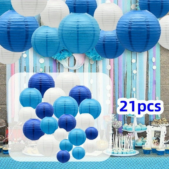 21PCS Blue Paper Lanterns Decorative, Hanging Round Paper Lantern Party Supplies for Anniversary Graduation Wedding Birthday Party Decorations Indoor Outdoor