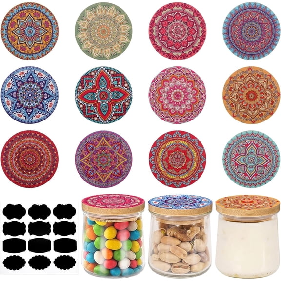 12 Pack Bamboo Yogurt Jar Lids with Mandala Patterns, Reusable Wooden Lids with Silicone Sealing Rings and 12 Labels, Compatible with 2.64" Glass Yogurt, Cookie, Spice, Coffee Bean Jars