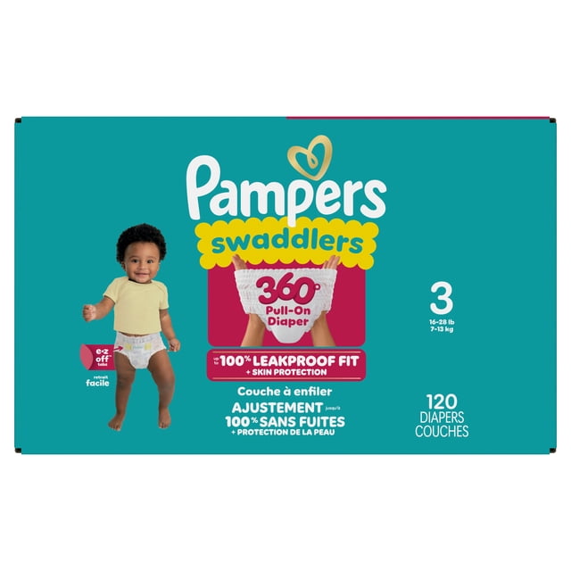 Pampers Swaddlers 360 Pull-On Diapers, Size 3 (16-28 lbs), for up to 100% Leakproof Skin Protection